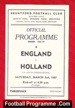 England v Holland 1957 - FA Youth International at Brentford - football programme