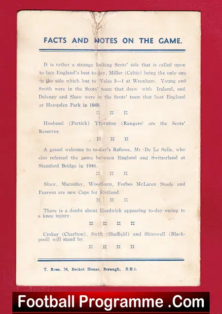 England v Scotland 1947 - Wembley Pirate Football Programme
