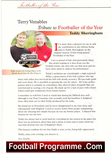 Football Writers Footballer Of The Year 2001 Teddy Sheringham +
