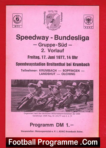 Germany Speedway Programme Bundesliga 1977