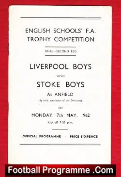 Liverpool Boys v Stoke Boys 1962 - Schoolboys Cup Final Anfield - football programme