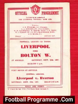 Liverpool v Bolton Wanderers 1947 - 1940s Football Programmes - football programme