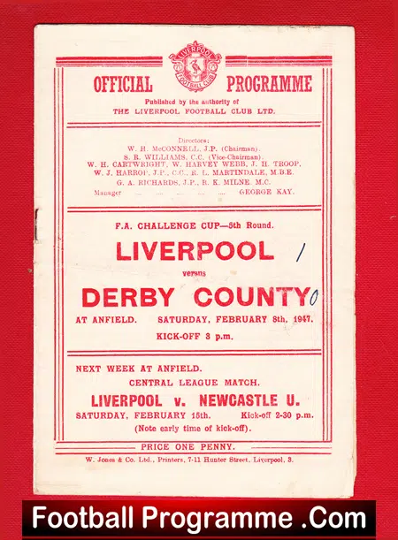 Liverpool v Derby County 1947 - 1940s Programme - football programme