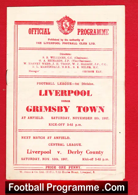 Liverpool v Grimsby Town 1947 - 1940s Football Programmes