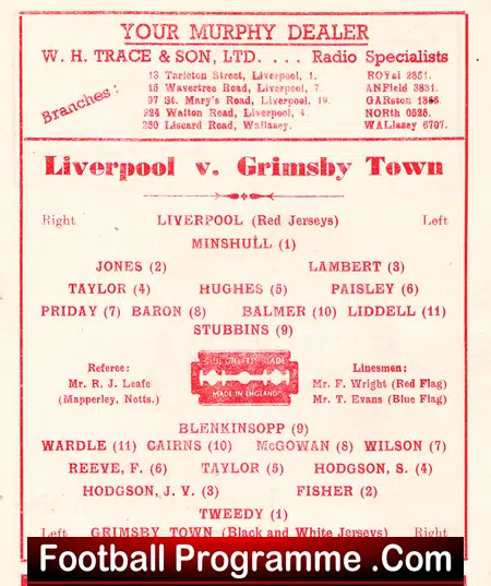 Liverpool v Grimsby Town 1947 - 1940s Football Programmes