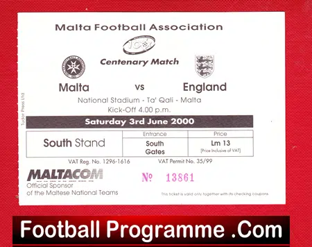 Malta v England 2000 – Football Ticket Centenary Match