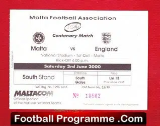 Malta v England 2000 – Football Ticket Centenary Match