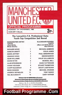 Manchester United v Blackburn Rovers 1980 - FA Youth Cup - football programme