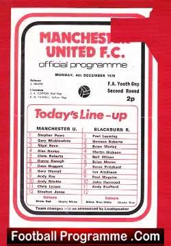 Manchester United v Blackburn Rovers 1978 - FA Youth Cup 4th Dec - football programme