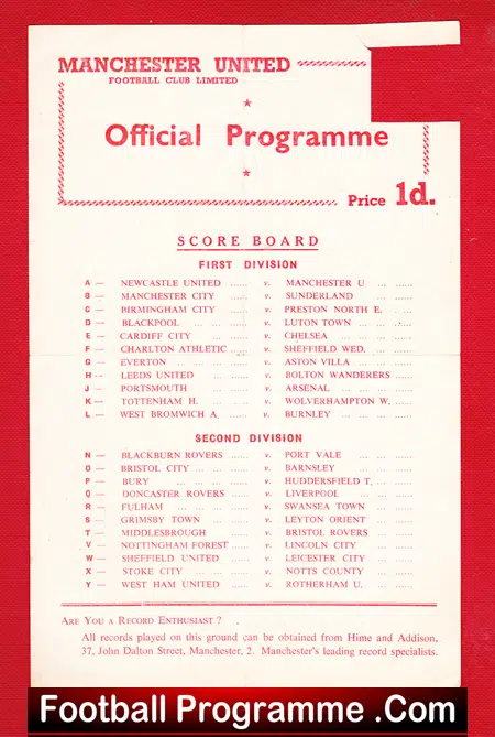 Manchester United v Newcastle United 1956 – Reserves Match + Bobby Charlton