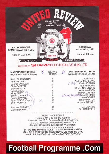 Manchester United v Tottenham 1992 – Youth Cup Semi Final Giggs + Beckham