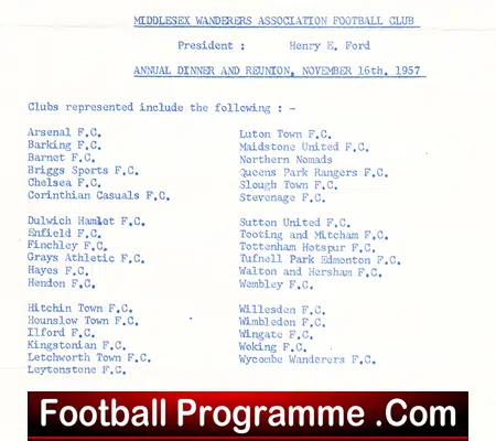 Middlesex Wanderers Rugby Club Annual Dinner – Reunion 1957