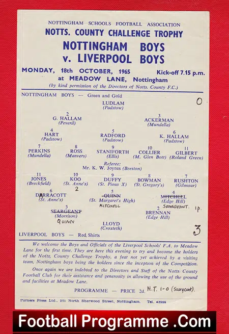 Nottingham Boys v Liverpool Boys 1965 – Final at Meadow Lane
