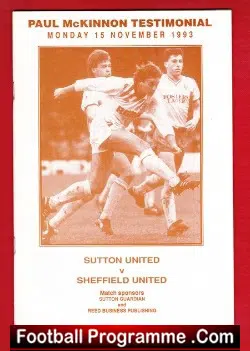 Paul McKinnon Testimonial Benefit Match Sutton United 1993 - football programme