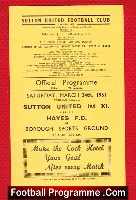 Sutton United XI v Hayes 1951 – at Borough Sports Ground