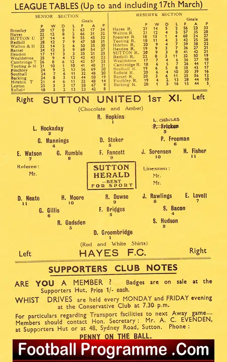 Sutton United X1 v Hayes 1951 - at Borough Sports Ground