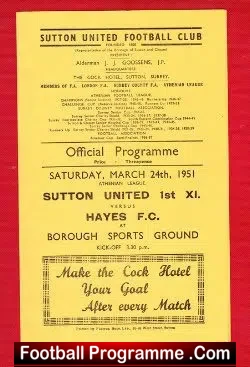 Sutton United XI v Hayes 1951 – at Borough Sports Ground