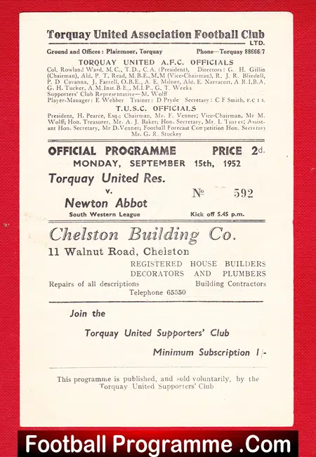 Torquay United v Newton Abbot 1952 – South Western League