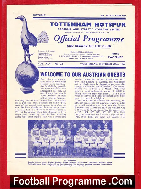 Tottenham Hotspur v Austria 1953 – Friendly Game