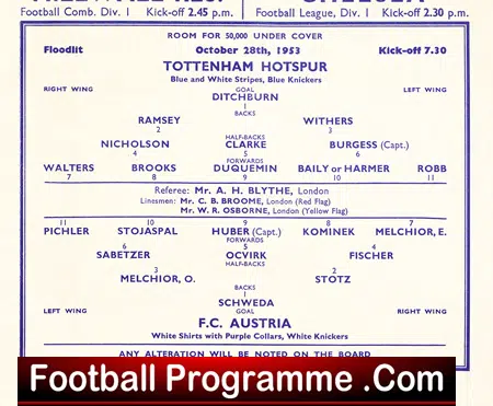 Tottenham Hotspur v Austria 1953 - Friendly Game