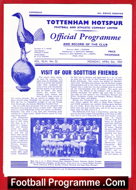 Tottenham Hotspur v Hibernian Hibs 1954 – Friendly Match