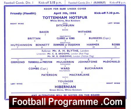 Tottenham Hotspur v Hibernian Hibs 1954 - Friendly Match