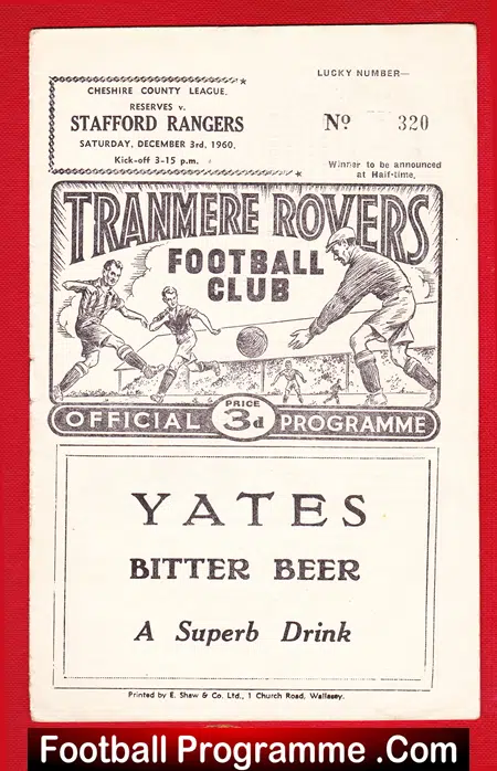 Tranmere Rovers v Stafford Rangers 1960 – Reserves Game
