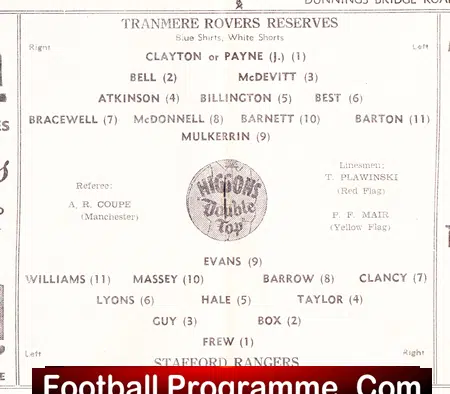 Tranmere Rovers v Stafford Rangers 1960 - Reserves Game