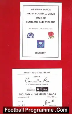 Western Samoa Rugby Tour Scotland Itinerary 1995 - Plus ticket - sports memorabilia