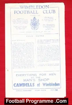 Wimbledon v Lengnau 1956 - Challenge Match - Bern Switzerland - football programme