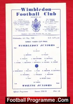 Wimbledon v Woking 1959 - Juniors Youth Cup Final - football programme
