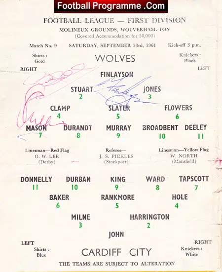 Wolves Wolverhampton v Cardiff City 1961 - Signed Autographed
