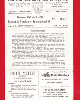 Bob Baker Testimonial Benefit Match Tooting Mitcham United 1966