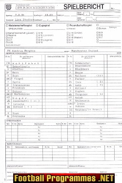 Austria Memphis v Manchester United 1991 Official Football Sheet