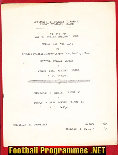 Crystal Palace Ladies v QPR 1972 Womens Football Match Orpington