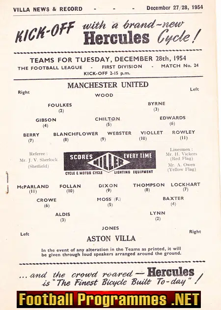 Aston Villa v Manchester United 1954 - And the Reserves