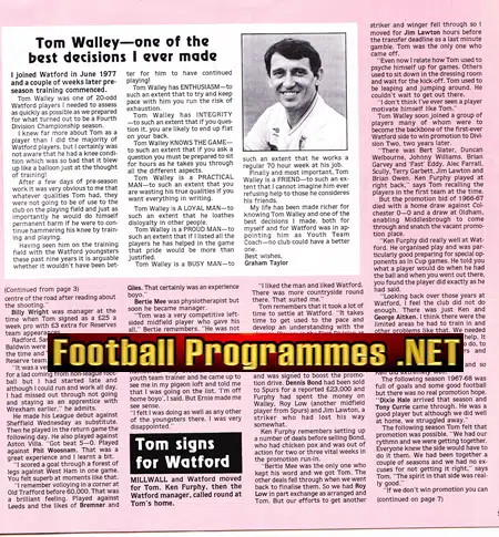 Tom Walley Testimonial Benefit Match Watford 1970s Signed