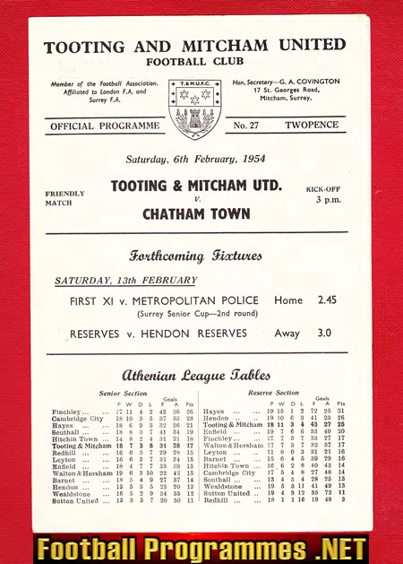 Tooting Mitcham v Chatham Town 1954 – Friendly Match