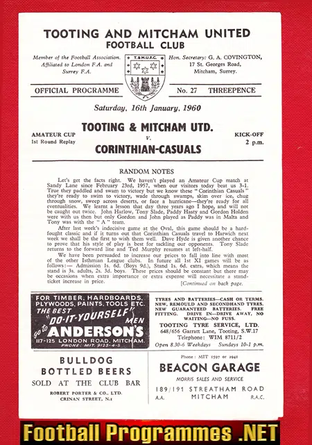 Tooting Mitcham v Corinthian Casuals 1960 – Amateur Cup