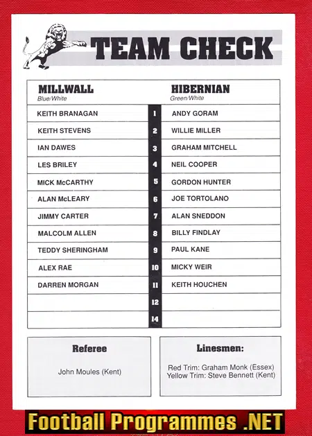 Millwall v Hibernian Hibs 1990 - Friendly Match