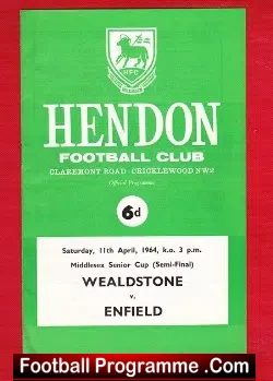 Wealdstone v Enfield 1964 - Middlesex Senior Cup Semi Final - football programme