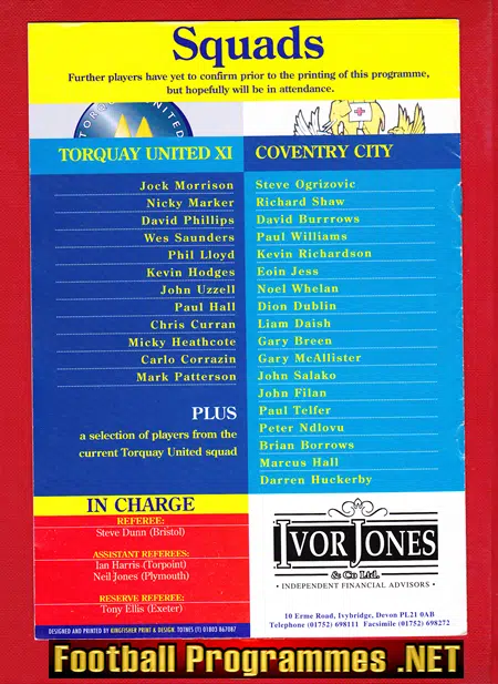 John Uzzell Testimonial Benefit Match Torquay United 1997 Signed