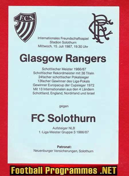 FC Solothurn v Glasgow Rangers 1987 - Switzerland