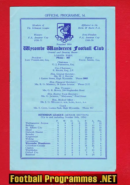 Wycombe Wanderers v Walthamstow Avenue 1954