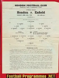 Hendon v Enfield 1958 - Single Sheet 1950s