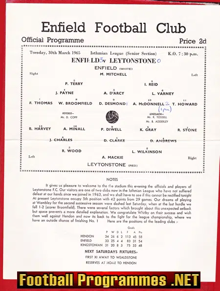 Enfield v Leytonstone 1965 – Single Sheet Issue