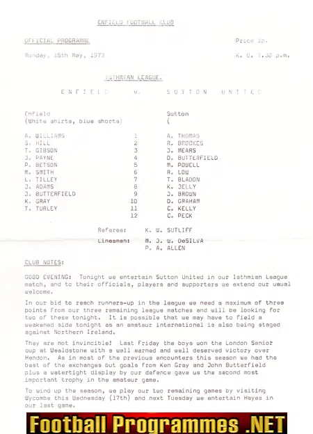 Enfield v Sutton United 1972 – Single Sheet Issue