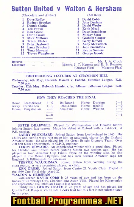 Sutton United v Walton Hersham 1970 - Surrey Senior Cup Final