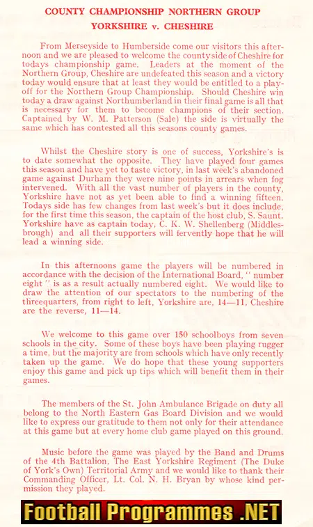 Yorkshire Rugby v Cheshire 1960 - at Goddard Avenue - Hull