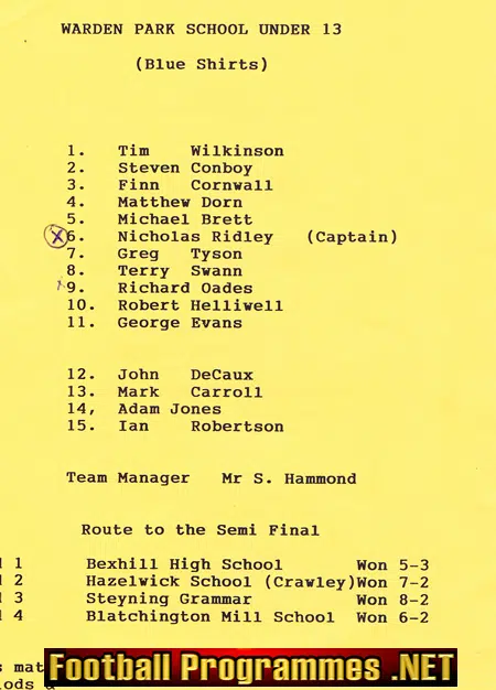 Sussex Schoolboys U13 Semi Final at Eastbourne United 1994